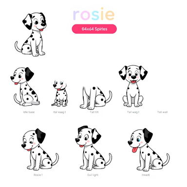 Pixel art sprites of a friendly cartoon Dalmatian named Rosie, rendered in a clean and geometric 8-bit retro style