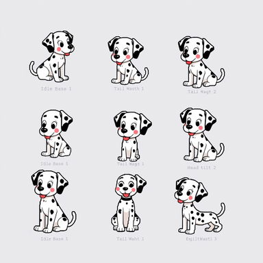 Pixel art sprites of a friendly cartoon Dalmatian named Rosie, rendered in a clean and geometric 8-bit retro style