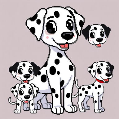 Pixel art sprites of Rosie the Dalmatian, designed in an 8-bit retro style