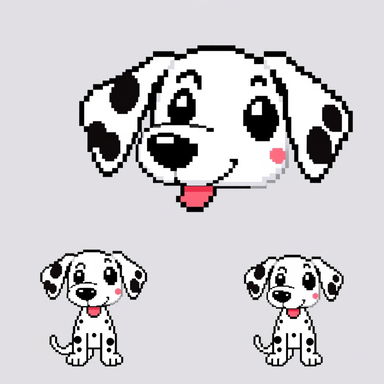 Pixel art sprites of Rosie the Dalmatian, designed in an 8-bit retro style