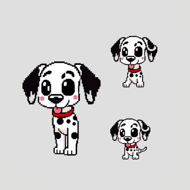 Pixel art sprites of Rosie the Dalmatian, designed in an 8-bit retro style