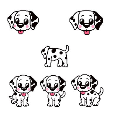 Pixel art sprites of Rosie the Dalmatian, designed in an 8-bit retro style