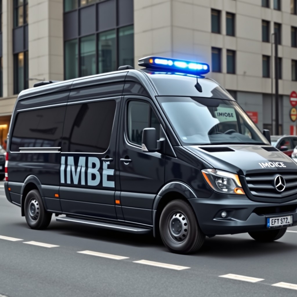 A police-style van, specifically a large van, featuring the letters 'IMBE' prominently displayed on its side, exuding an authoritative and professional appearance