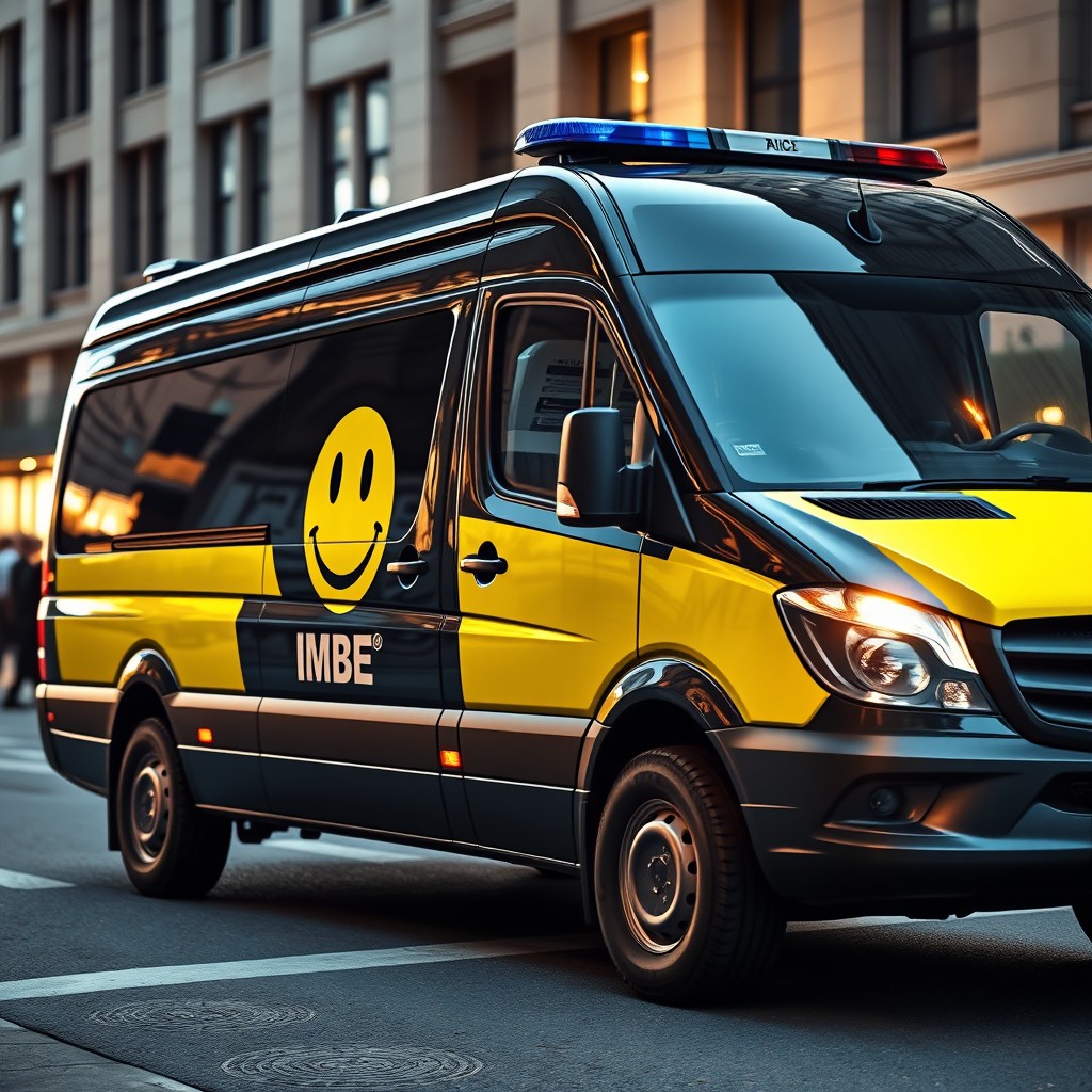 A police-style van, specifically a large and modern van, featuring a prominent happy face symbol on its side, with the letters 'IMBE' displayed underneath it