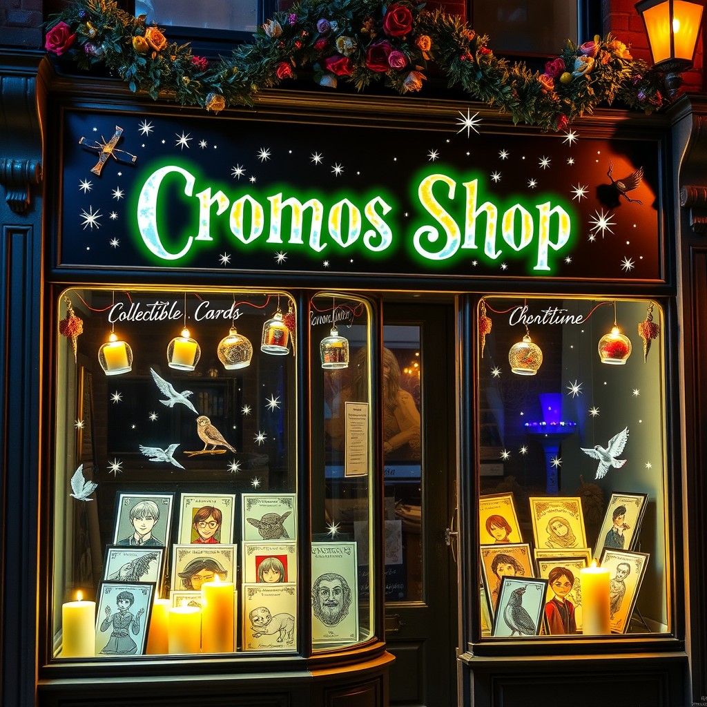 A colorful and enchanting storefront for 'Cromos Shop', a collectible card shop featuring Harry Potter-themed cards