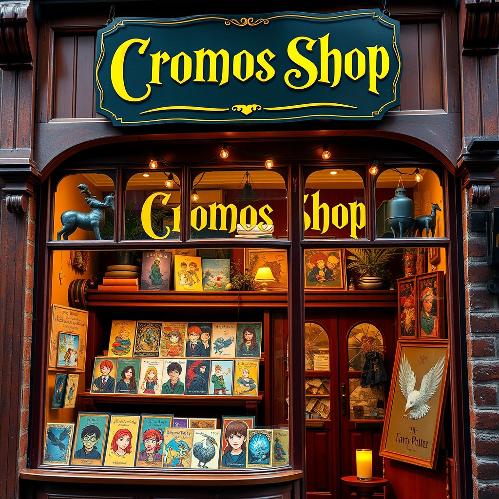 A charming and magical storefront for 'Cromos Shop', a collectible card shop specializing in Harry Potter-themed cards