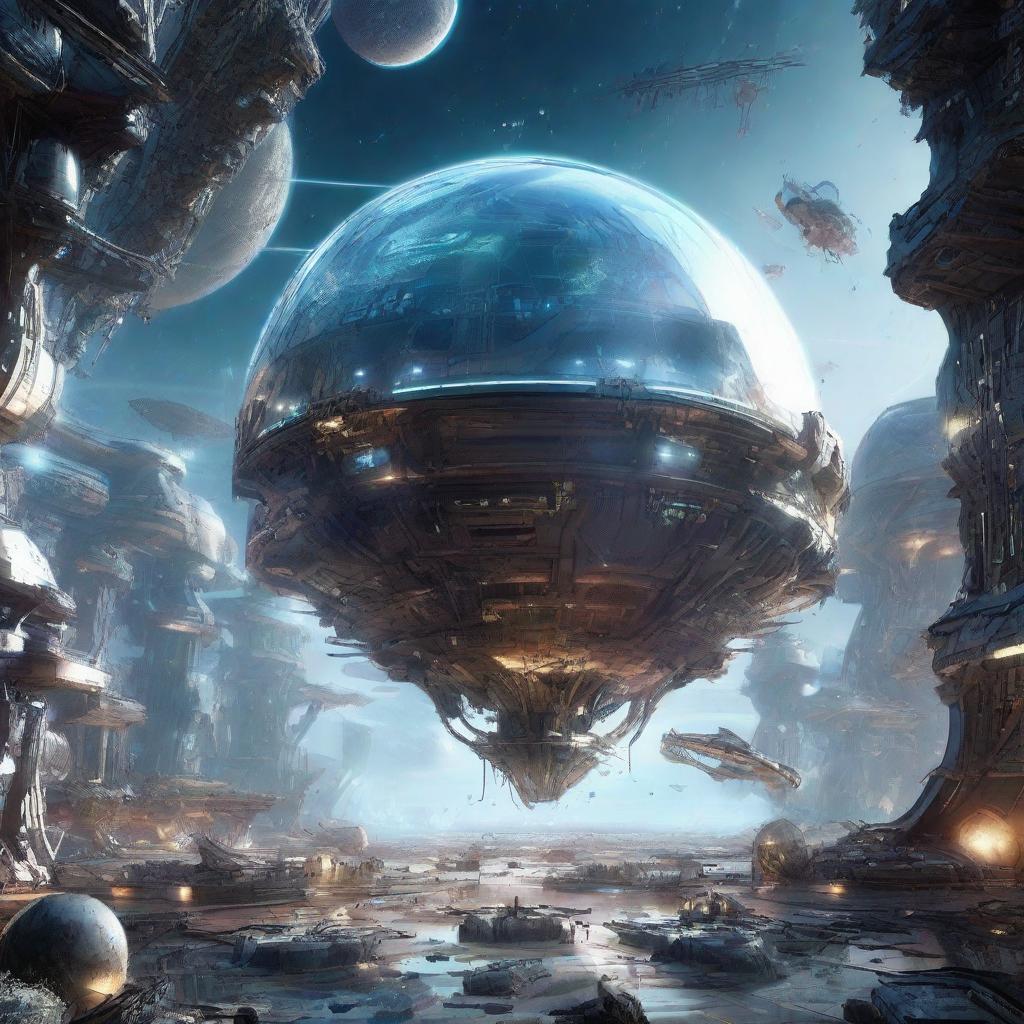 A futuristic space port in shambles, with broken spacecrafts, shattered glass domes, and debris floating in the zero gravity environment, all illuminated by the surreal light of distant galaxies.