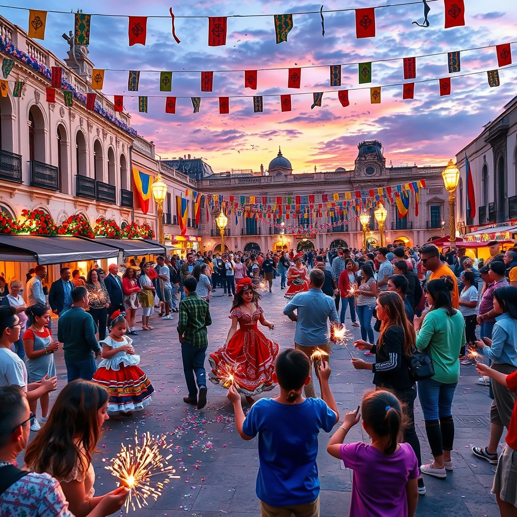 A vibrant and festive scene celebrating national holidays, showcasing a beautiful plaza adorned with colorful decorations like flags and lights