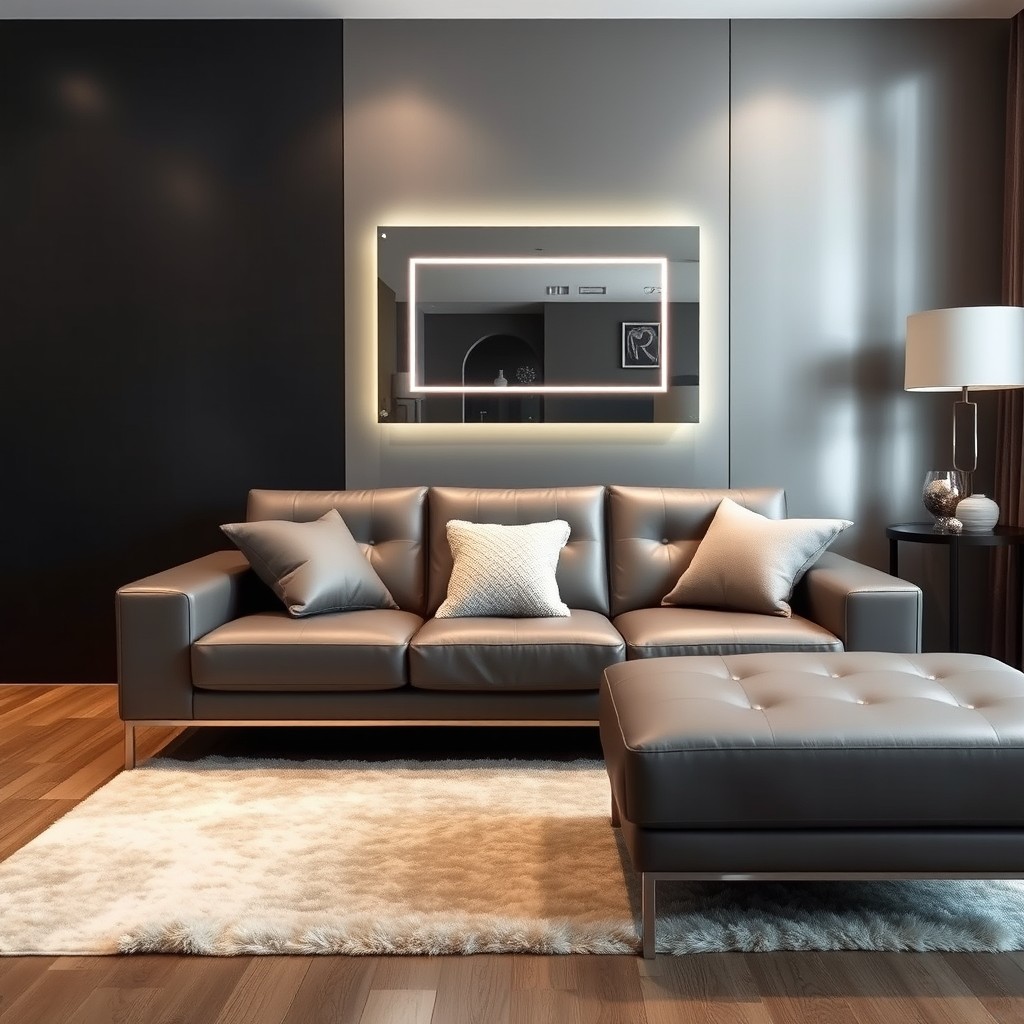 A modern living room featuring a stylish gray leather sofa as the central piece, complemented by a wall made of MDF with a sleek finish