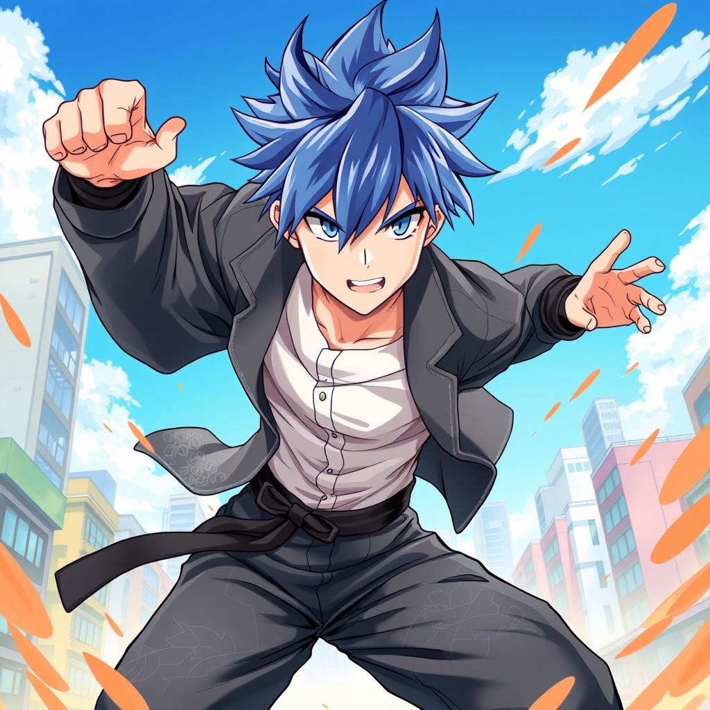 A dynamic illustration of a young male character inspired by anime, featuring striking blue hair and a determined expression