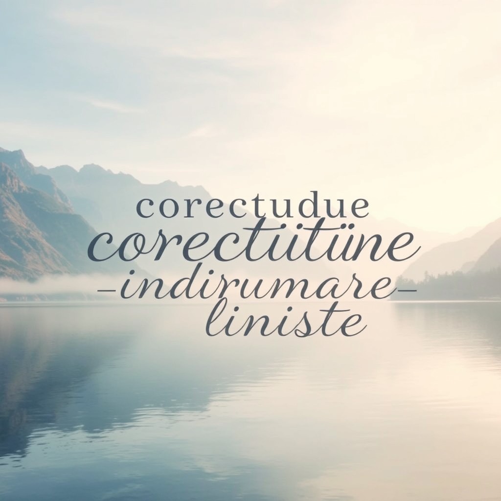 An artistic wallpaper featuring the words 'corectitudine', 'indrumare', and 'liniste' creatively integrated into a serene landscape