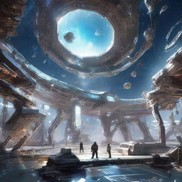 A futuristic space port in shambles, with broken spacecrafts, shattered glass domes, and debris floating in the zero gravity environment, all illuminated by the surreal light of distant galaxies.