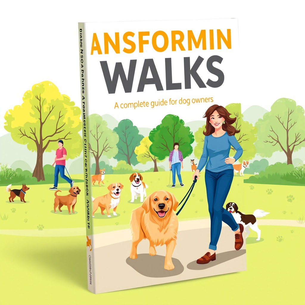 A book cover design for an ebook titled "Transforming Walks: A Complete Guide for Dog Owners"