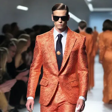 The panderer, dressed in a flamboyant suit, walked confidently down the runway, celebrating the extravagant and provocative styles of the season.