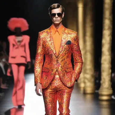 The panderer, dressed in a flamboyant suit, walked confidently down the runway, celebrating the extravagant and provocative styles of the season.