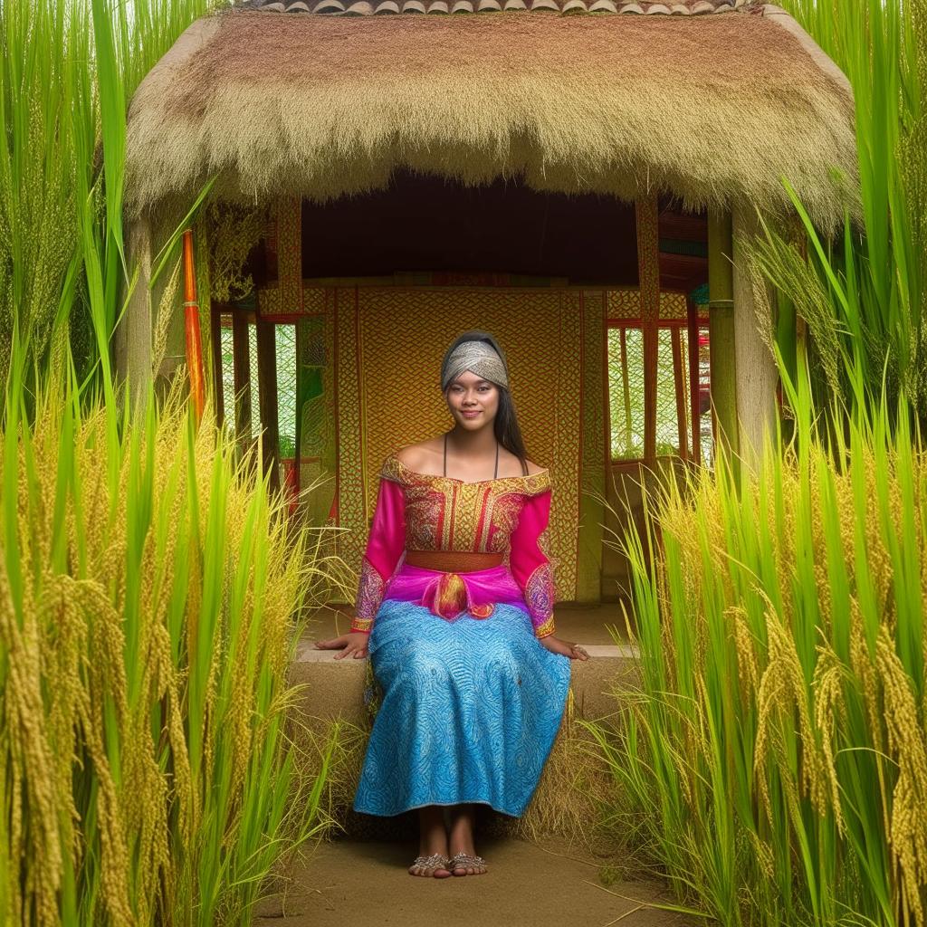 A beautiful American teenager dressed in traditional Sundanese clothes, posing in a bright and beautiful rice field hut.