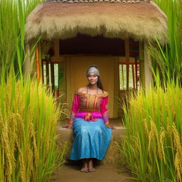 A beautiful American teenager dressed in traditional Sundanese clothes, posing in a bright and beautiful rice field hut.