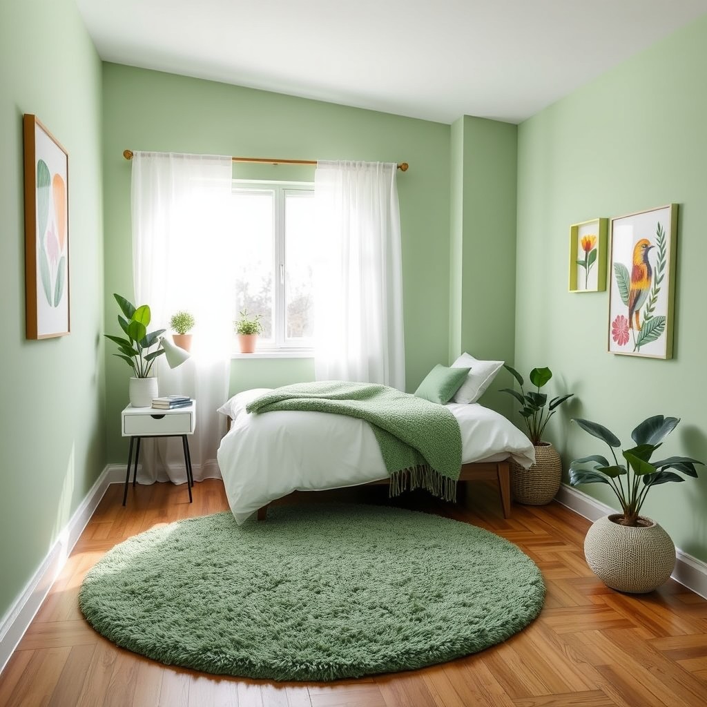 A cozy and stylish bedroom designed for one person, featuring calming green tones throughout the decor