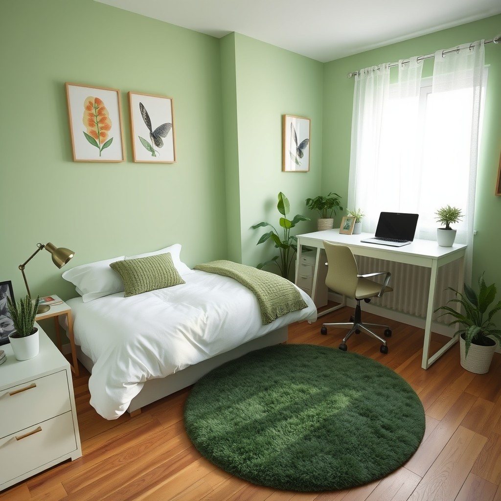 A cozy and stylish bedroom designed for one person, featuring calming green tones throughout the decor