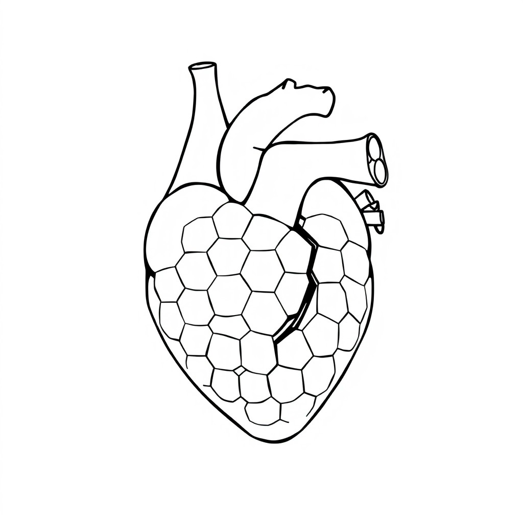 A high-resolution, clean line-art illustration of an anatomical human heart drawn in simple black ink outlines