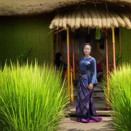 A beautiful American teenager dressed in traditional Sundanese clothes, posing in a bright and beautiful rice field hut.