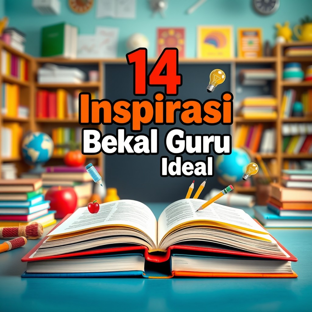 A captivating image of a book cover featuring the title '14 Inspirasi Bekal Guru Ideal' in bold, inspiring typography