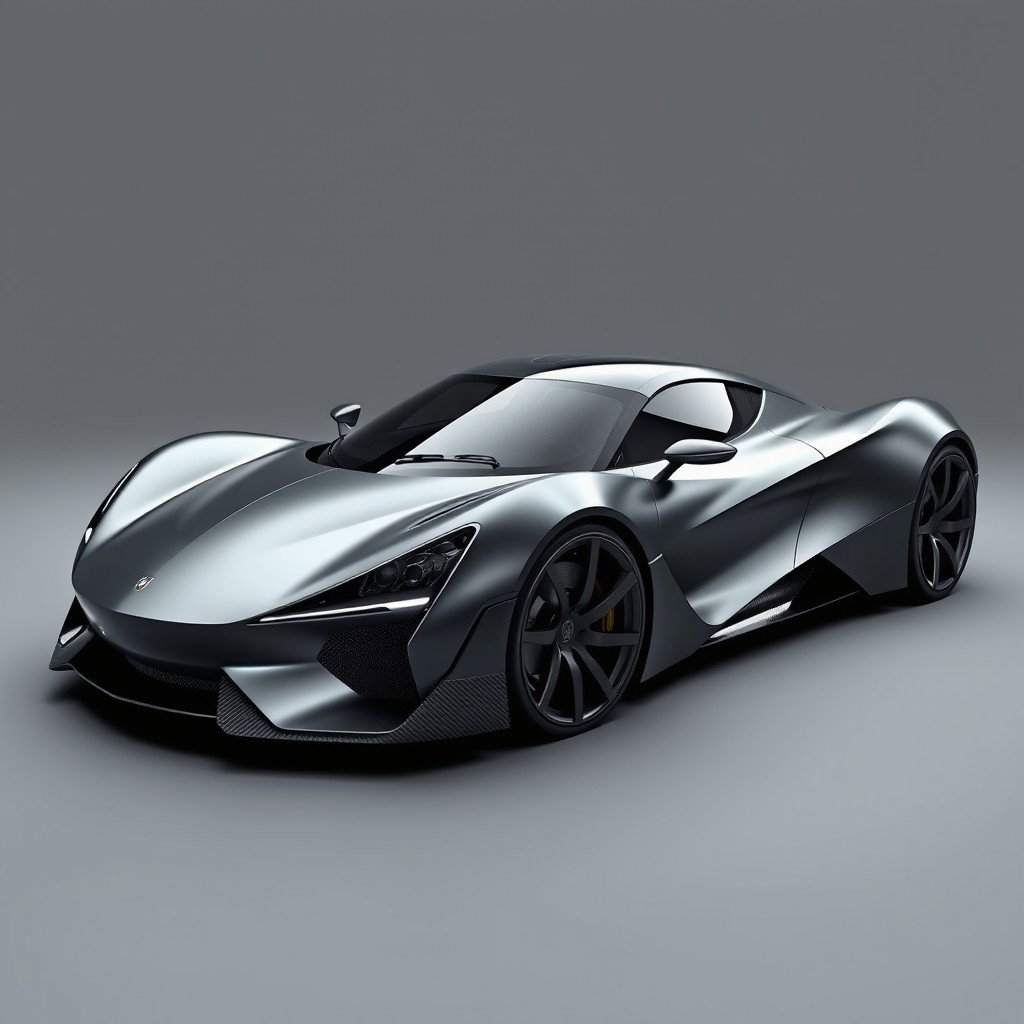 A grey sports car designed with a futuristic style, showcasing a perfect blend of technology, luxury, elegance, and style