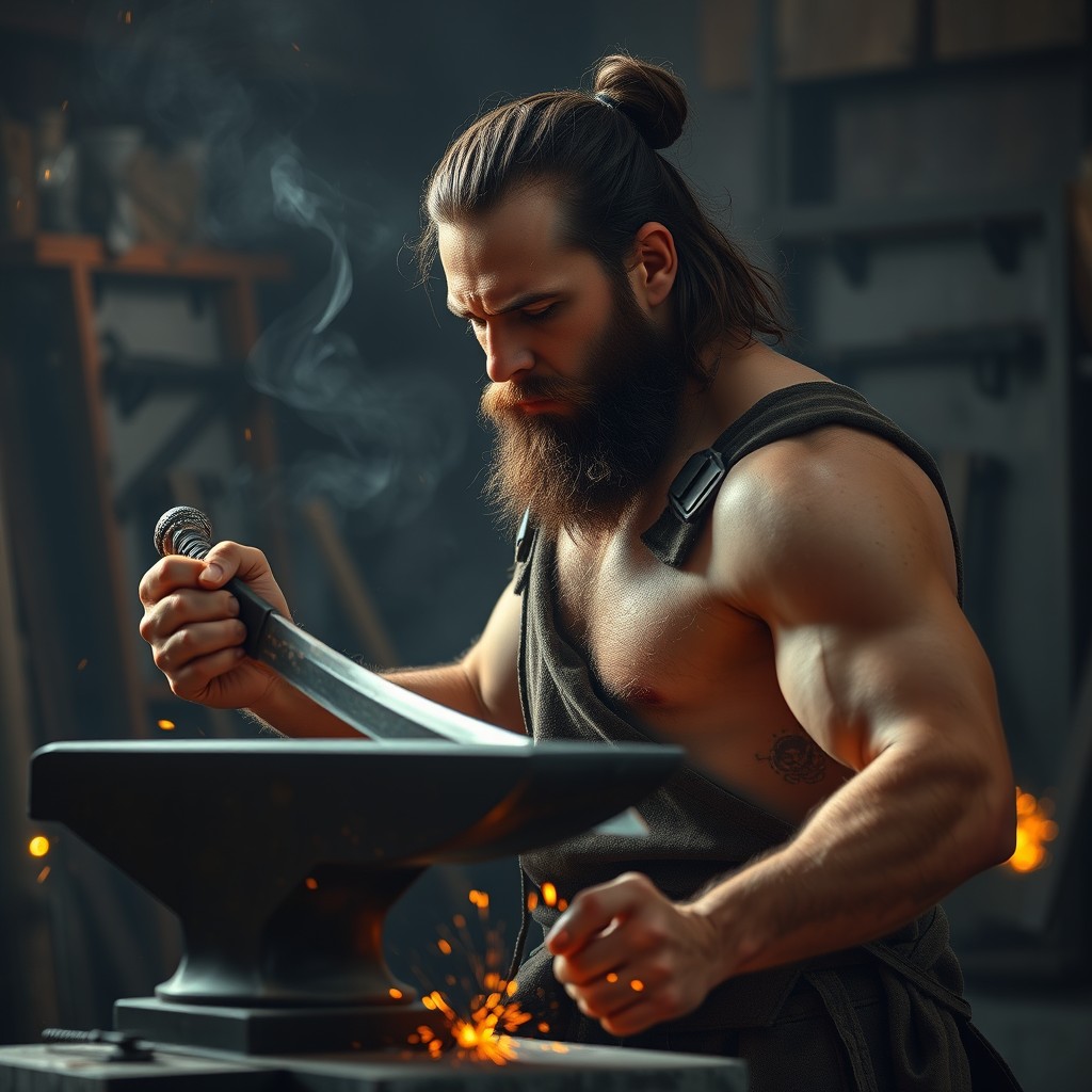 A young bearded blacksmith, immersed in pain and nostalgia, forging a sword in his workshop
