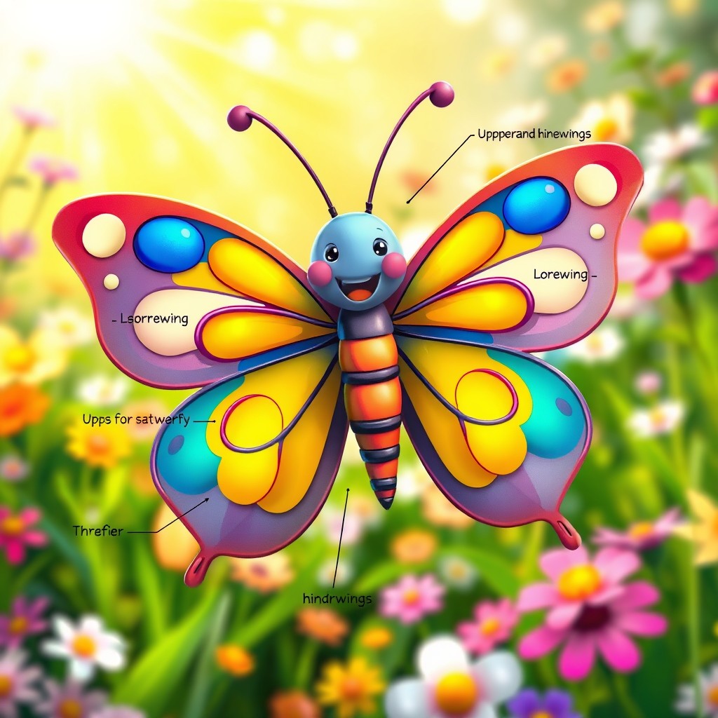 A vibrant and colorful animated butterfly displayed in a whimsical style
