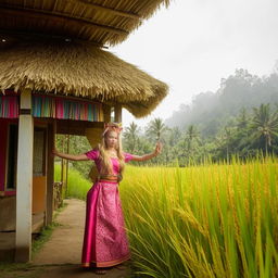 A beautiful American teenager dressed in traditional Sundanese clothes, posing in a bright and beautiful rice field hut.