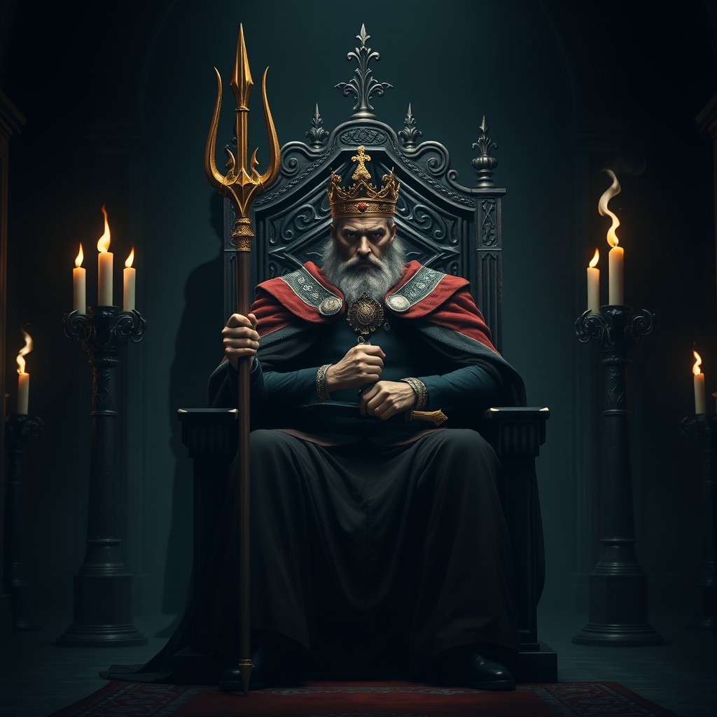 A regal king seated on a throne in a dark hall, holding a trident firmly in his hands