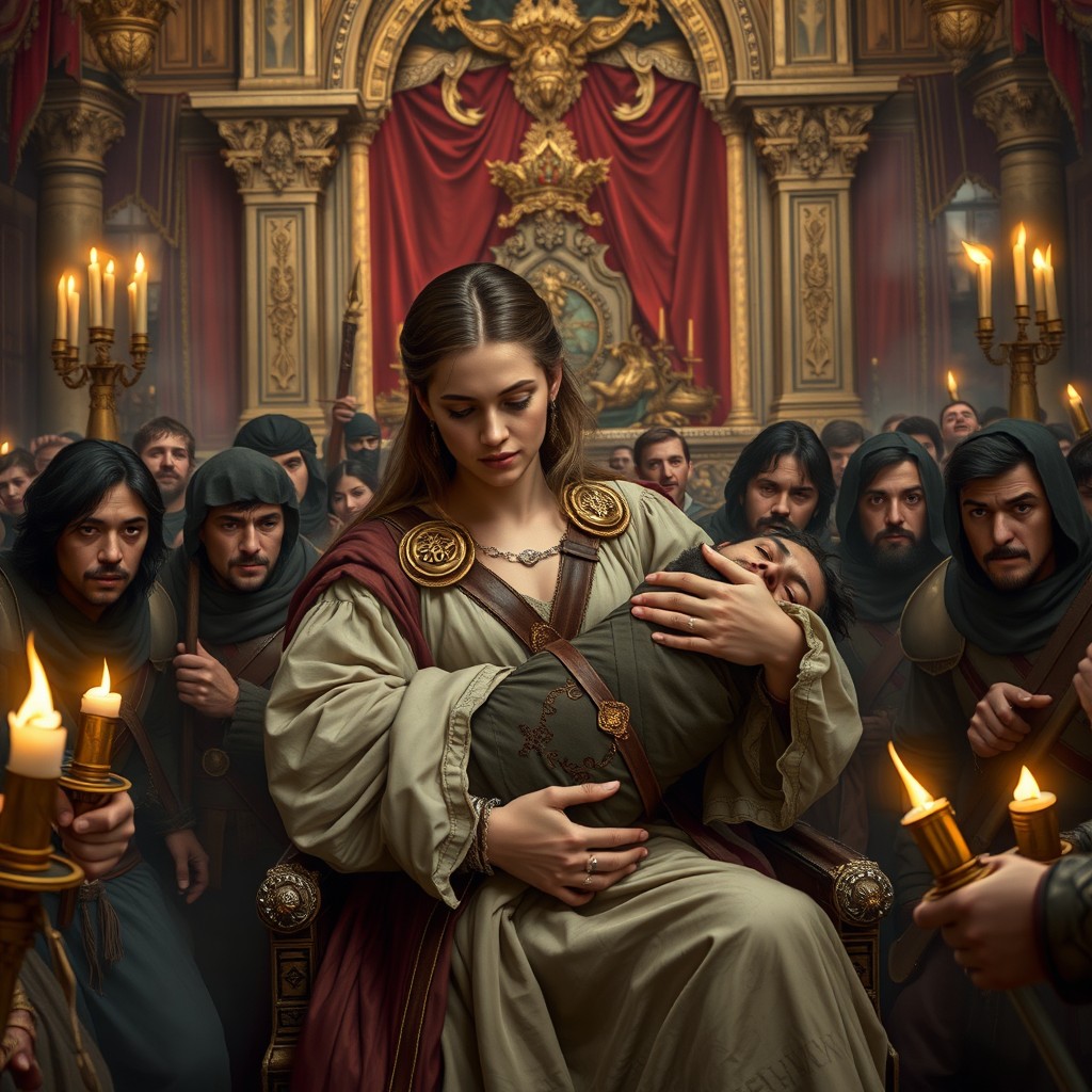A resilient young woman dressed in men's clothing, cradling an injured prince in her arms within an opulent throne room