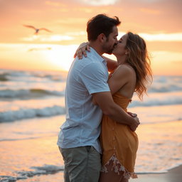 A romantic couple embracing in a loving hug, sharing an intimate kiss