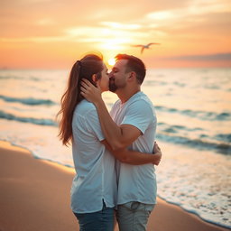 A romantic couple embracing in a loving hug, sharing an intimate kiss