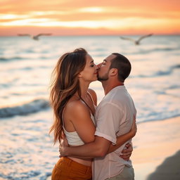 A romantic couple embracing in a loving hug, sharing an intimate kiss