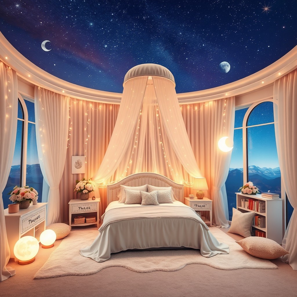 An extraordinary dream bedroom designed for someone born in June, featuring soft pastel colors, flowing curtains, and celestial-themed decor