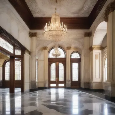 The grandiose chandelier and extravagant marble pillars in the foyer of the mansion looked cock-a-hoop.