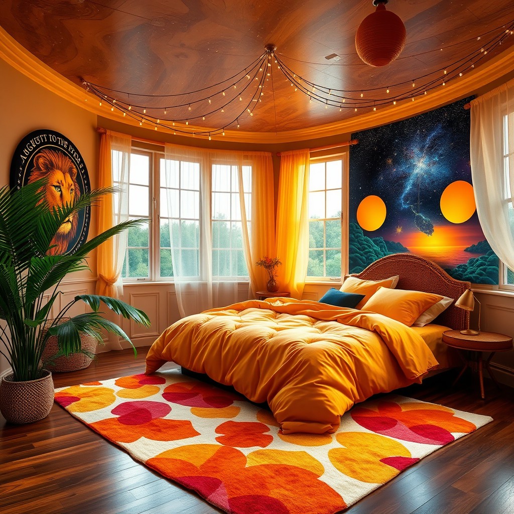 A fantastical bedroom designed for someone born in August, filled with vibrant colors inspired by the summer season