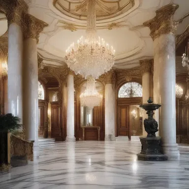 The grandiose chandelier and extravagant marble pillars in the foyer of the mansion looked cock-a-hoop.