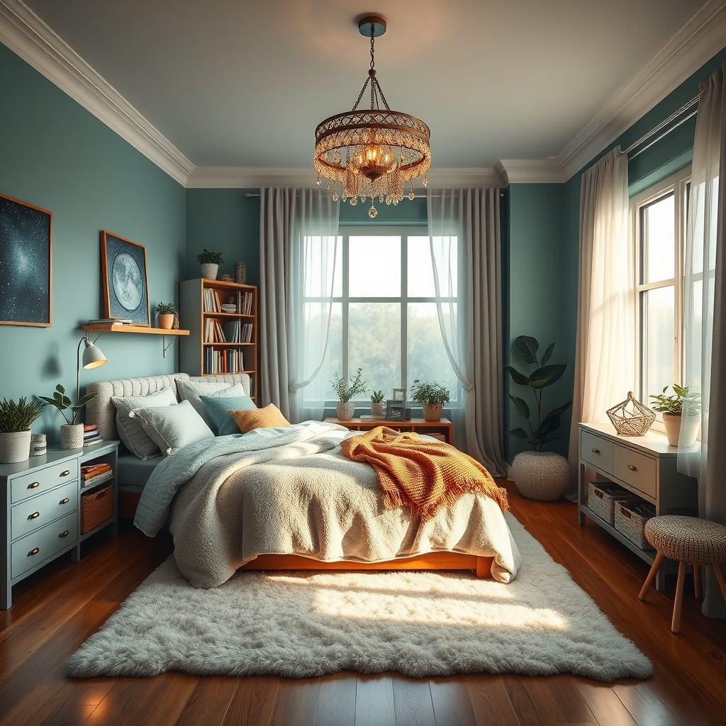 An extraordinary dream bedroom designed for someone born in September, featuring calming hues of blue and green to reflect the autumn season