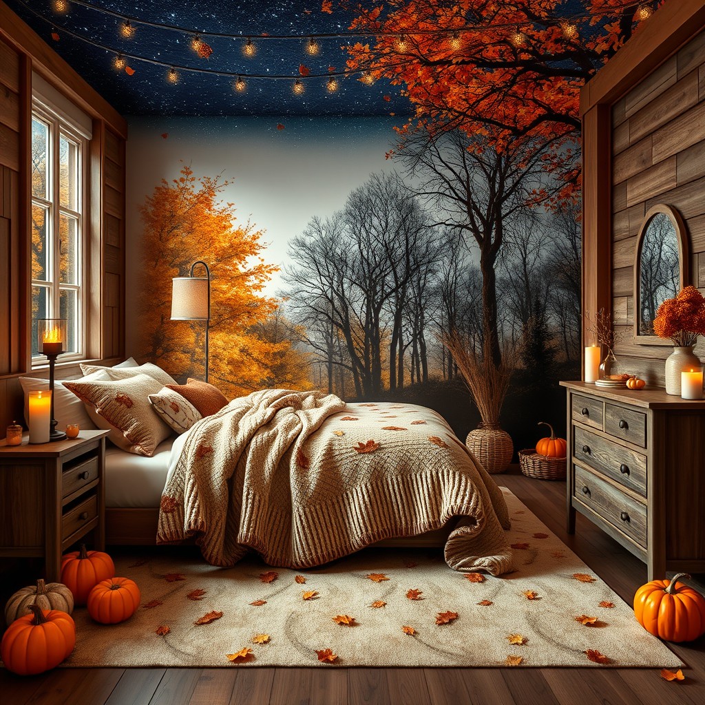 A stunning dream bedroom designed with an October theme, featuring warm autumnal colors like deep oranges, rich browns, and golden yellows