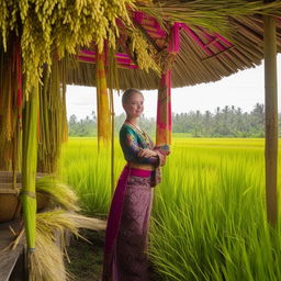 A beautiful American teenager dressed in traditional Sundanese clothes, posing in a bright and beautiful rice field hut.