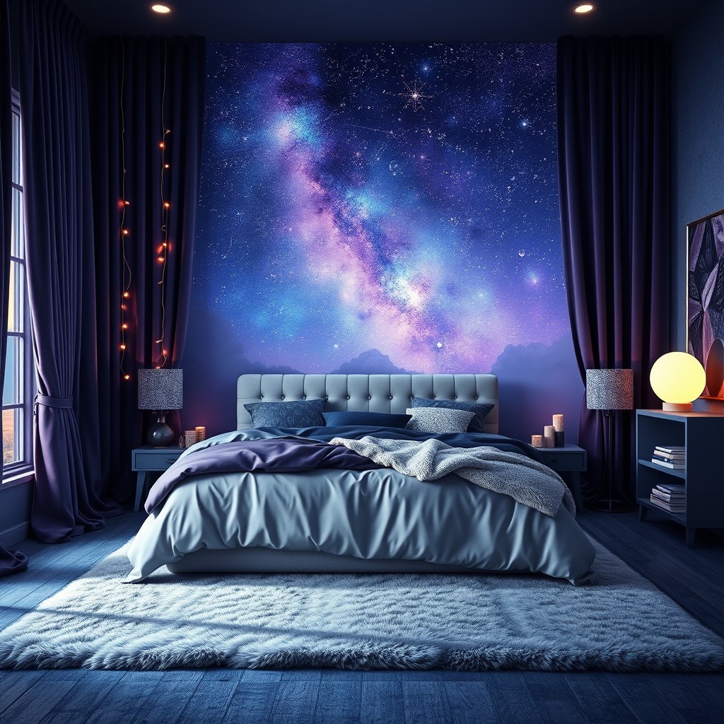 A dreamy and otherworldly bedroom designed for someone born in November, featuring deep shades of indigo and purple to reflect the month of November