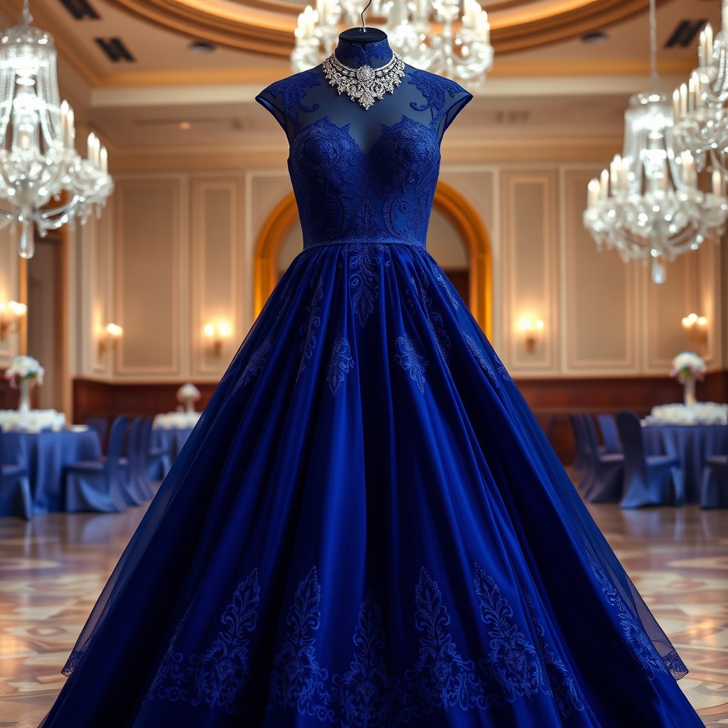 A beautifully designed evening dress, showcasing intricate lace detailing and a flowing silhouette