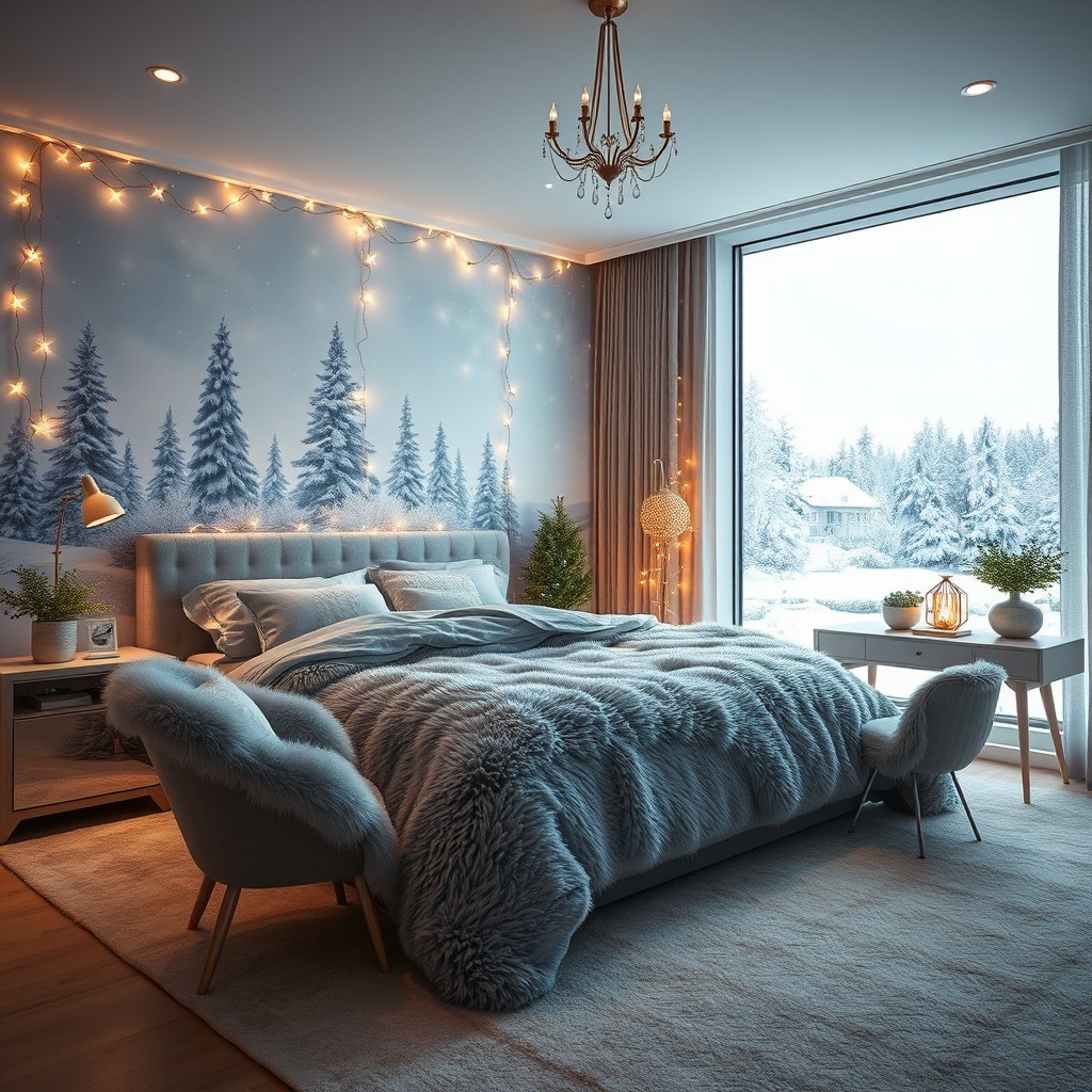 A luxurious dream bedroom designed for a January-born individual, inspired by winter themes, featuring a cozy atmosphere with soft, warm lighting