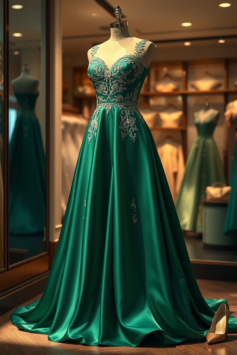 A realistic representation of a stunning evening dress, focusing on intricate design details