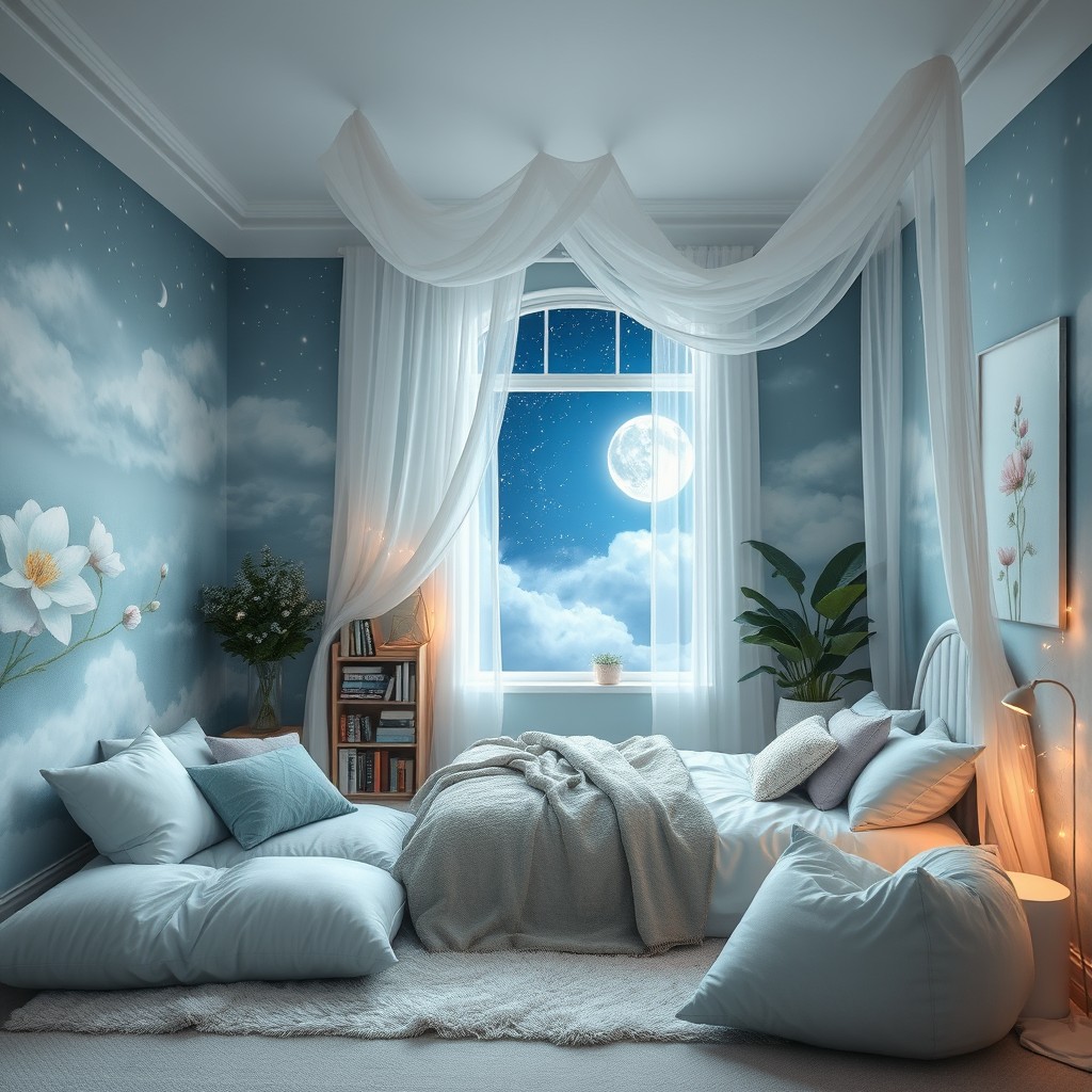 A surreal and ethereal dream bedroom designed for a person born in March