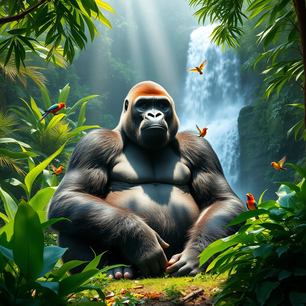 A majestic gorilla sitting calmly in a lush green rainforest, surrounded by vibrant tropical plants and trees