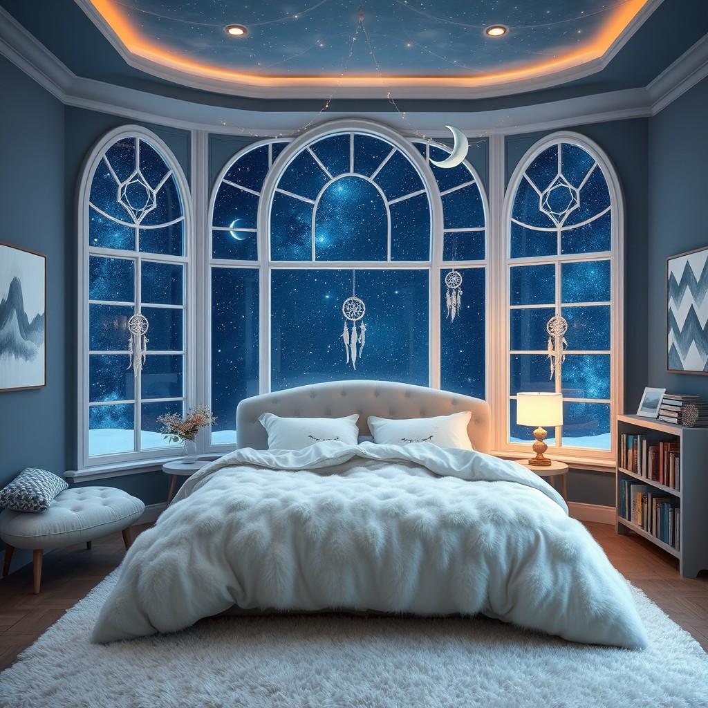 An ethereal dream bedroom designed for someone named May, featuring large, whimsical windows overlooking a starry night sky, painted in deep midnight blues and soft pastels