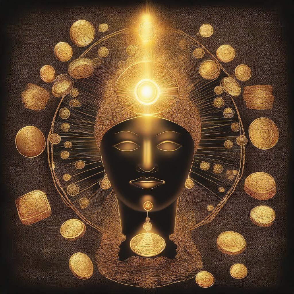 An illustrative depiction of a pineal gland, glowing with divine energy and leading towards a path paved with coins, gold, and other symbols of wealth.